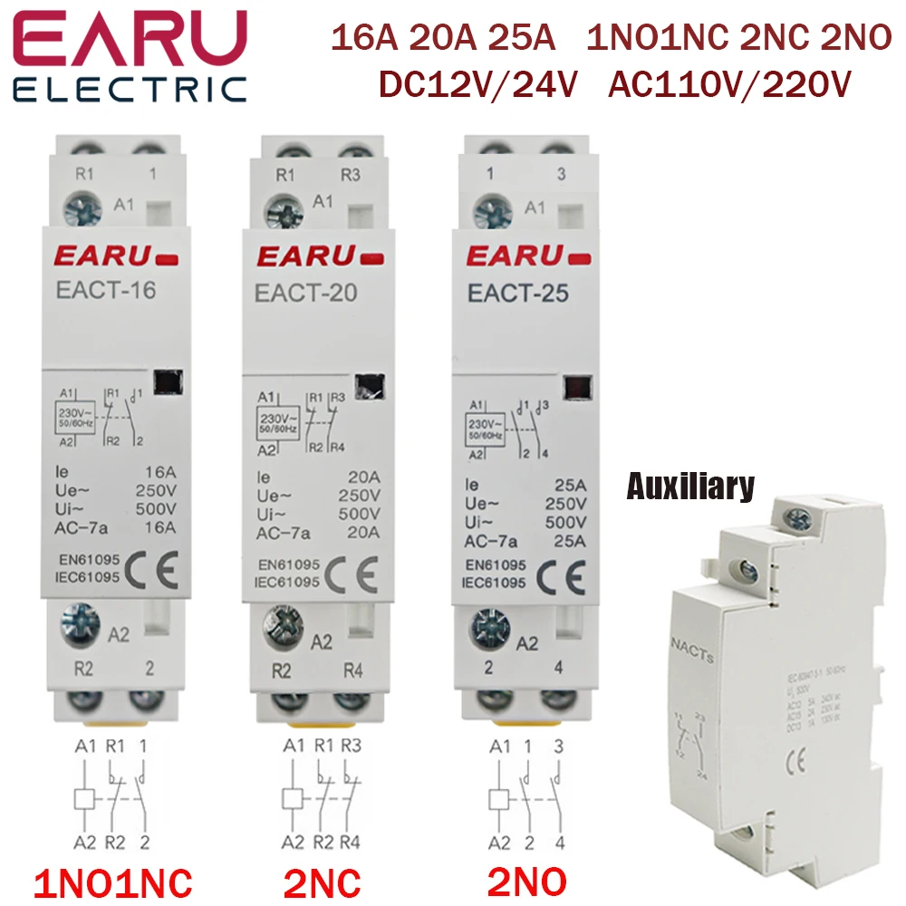 Contator Modular Doméstico Montado em Trilho Ruído ac Casa Inteligente Hotel 2p 16a 20a 25a 2no 2nc 1no 1nc ac 230v 50hz 60hz
