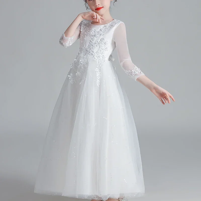 

Hot Toys Disney Princess Dress For Girls Wedding Party Frock Flower Gown Princess Evening Summer Children's Mesh Sleeve Dress