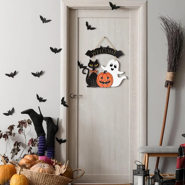 Halloween Decorative Wooden Sign with Black Cat, Pumpkin and Ghost - "Welcome" Design for Door Hanging 2