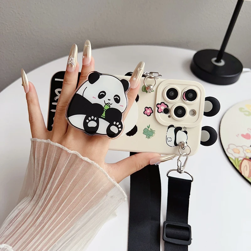 Universal Phone Case with Holder Rope and Ear Panda Design