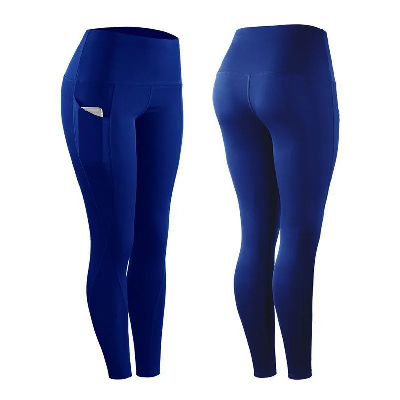 

High Elasticity Pants For Women High Waist Slim Fitting Sports Pants With Spliced Pockets Solid Color Buttocks Lifting Leggings