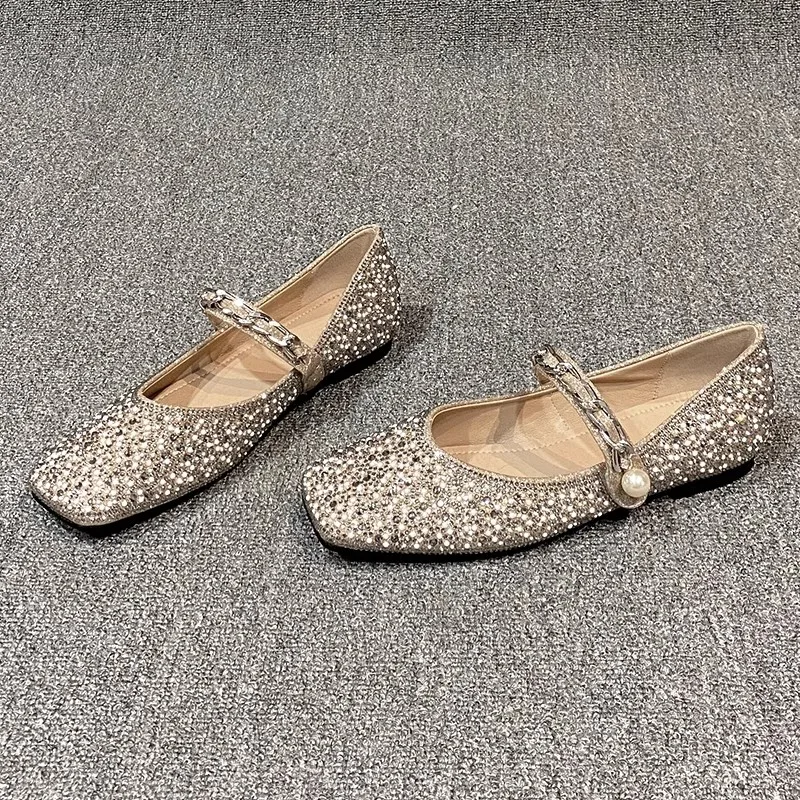 

Women's Flat Rhinestone Sequin Ballet Shoes 2024 Spring Soft Square Toe Single Shoe Wedding Women's Flats Comfortable Mary Shoes