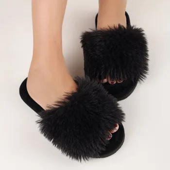 Women's Plush Faux Fur Slippers Winter House Carpet Fluffy Sandals Spring Autumn Outdoor Walking Open Toe Flip Flops 1