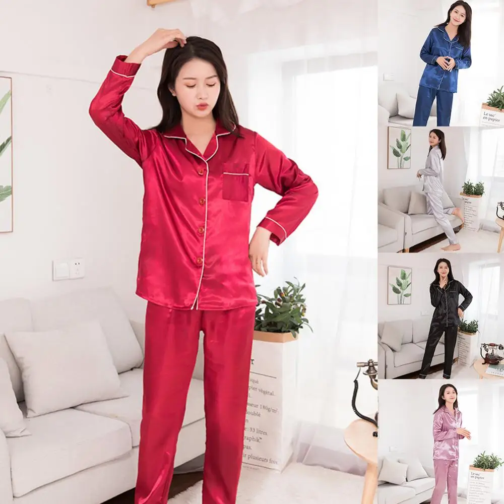 

Couples Silk Satin Pajamas Set Women Blouse & Pants Set Solid Color Long Sleeve Sleepwear Homewear Suit Women Casual Pajamas