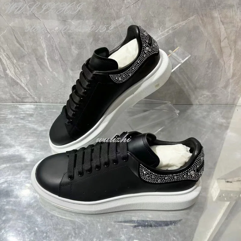 Black White Crystal Casual Sneakers Women Shiny Bling Flats Summer Lace Round Toe Genuine Leather Soft Comfortable Catwalkshoes