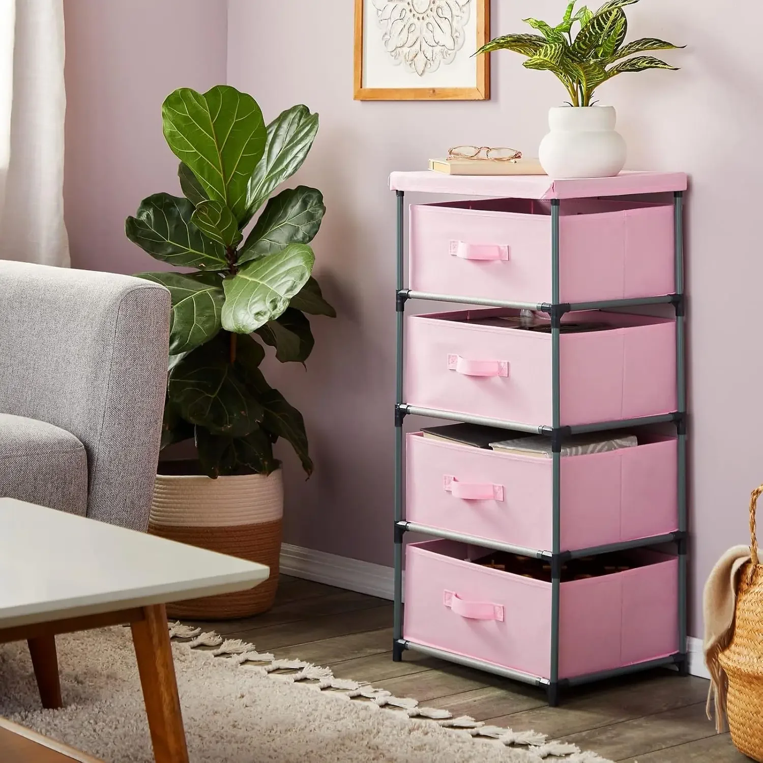 4-Tier Tall Closet Dresser with Drawers - Clothes Organizer and Small Fabric Storage for Bedroom (Pink) 4