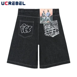 Embroidered Loose Denim Shorts Mens Summer Streetwear Black Knee-length Jeans Shorts