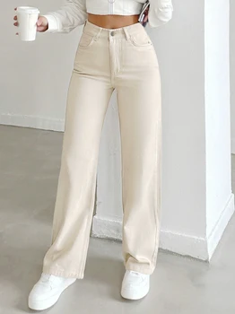 Women's autumn jeans, made of cotton denim, in a beige apricot color, straight-leg, slim fit, high-waisted, elastic waistband 1