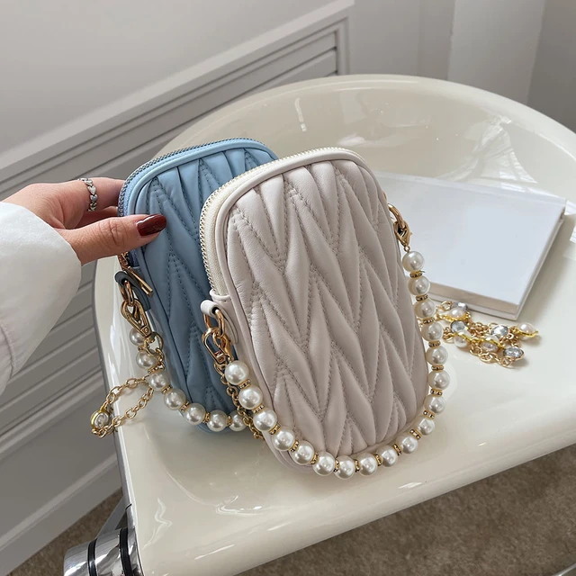 Pearl Chain Mini Phone Pouch Female Tote Purse Rhombus Quilted Luxury Brand  Designer Bags Women PU