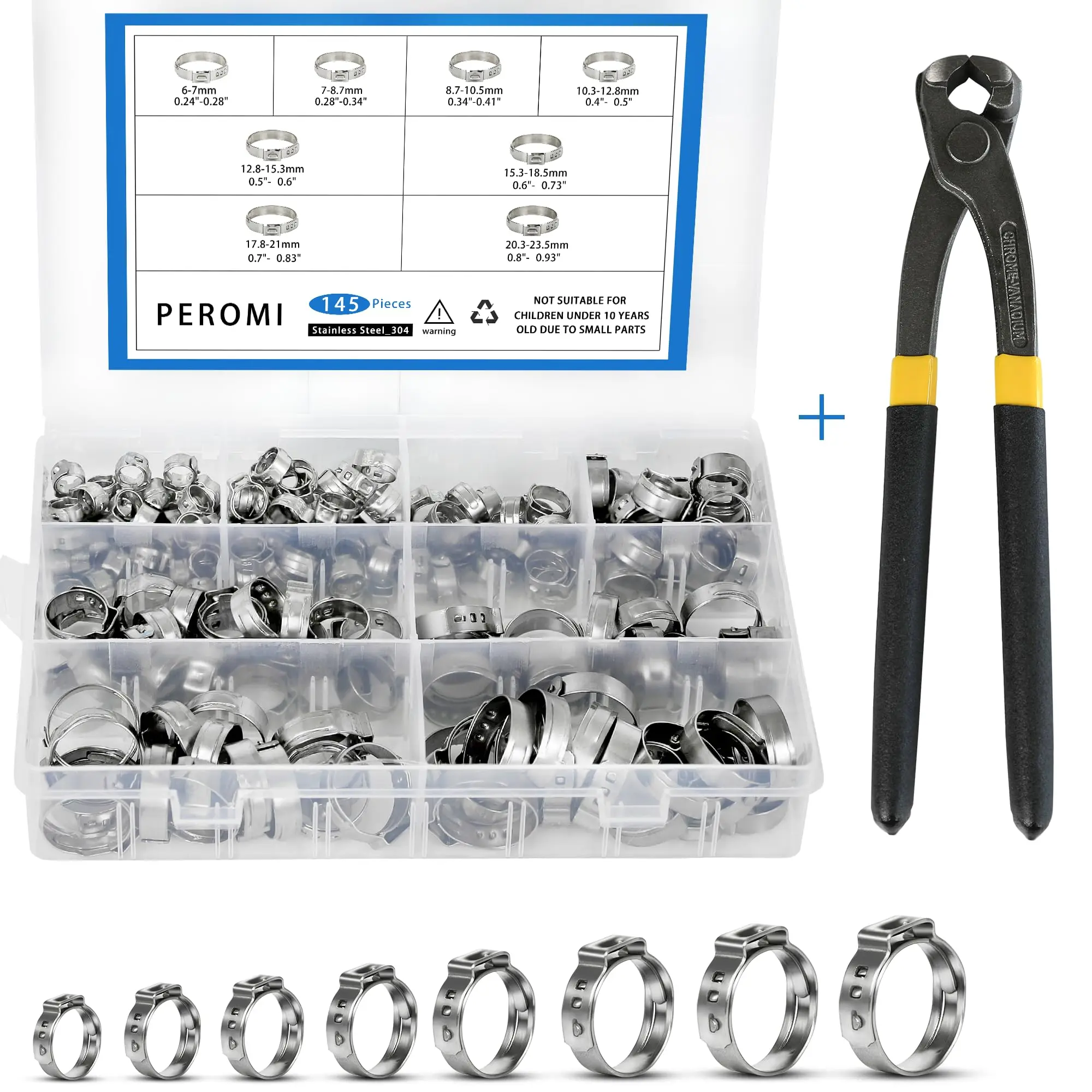 

145pcs Single Ear Stepless Hose Clamps 6-23.5mm 304 Stainless Steel Cinch Clamp Rings Assortment Kit +1PC Hose Clip Clamp Pliers