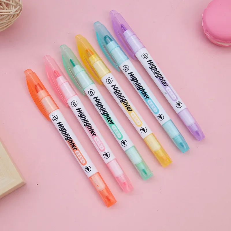 6 Colors/Set Unique Window Tip Highlighter Pen Double Head Pastel Color Midline highlighters Marker School Stationery Supplies - 3