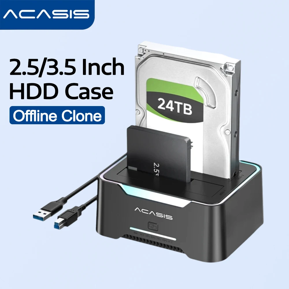 아카시스 듀얼베이 2.5/3.5인치 HDD 인클로저, 오프라인 클론 기능 탑재, SATA to USB 3.0 어댑터 포함, 2.5/3.5 SSD/HDD 디스크 하드 드라이브 케이스
