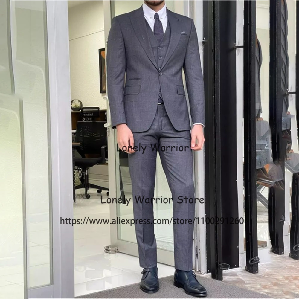 Wedding Groom Gray Classic Suits for Man Slim Fit 3 Pieces Tuxedo Vest Formal
