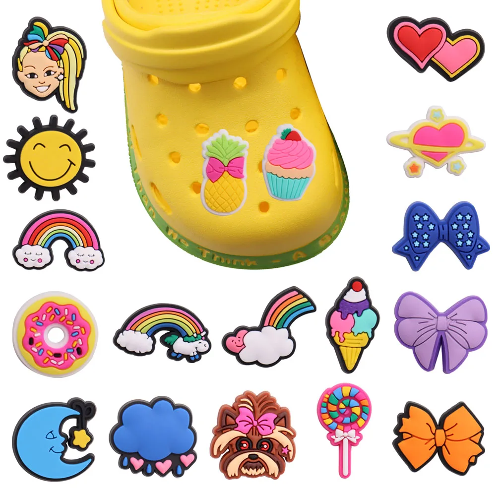 

50PCS Rainbow Bowknot Sun Moon Dog Cake Croc Charms PVC Shoe Decorations Clogs Sandals Shoes Accessories for Kids Party Gifts