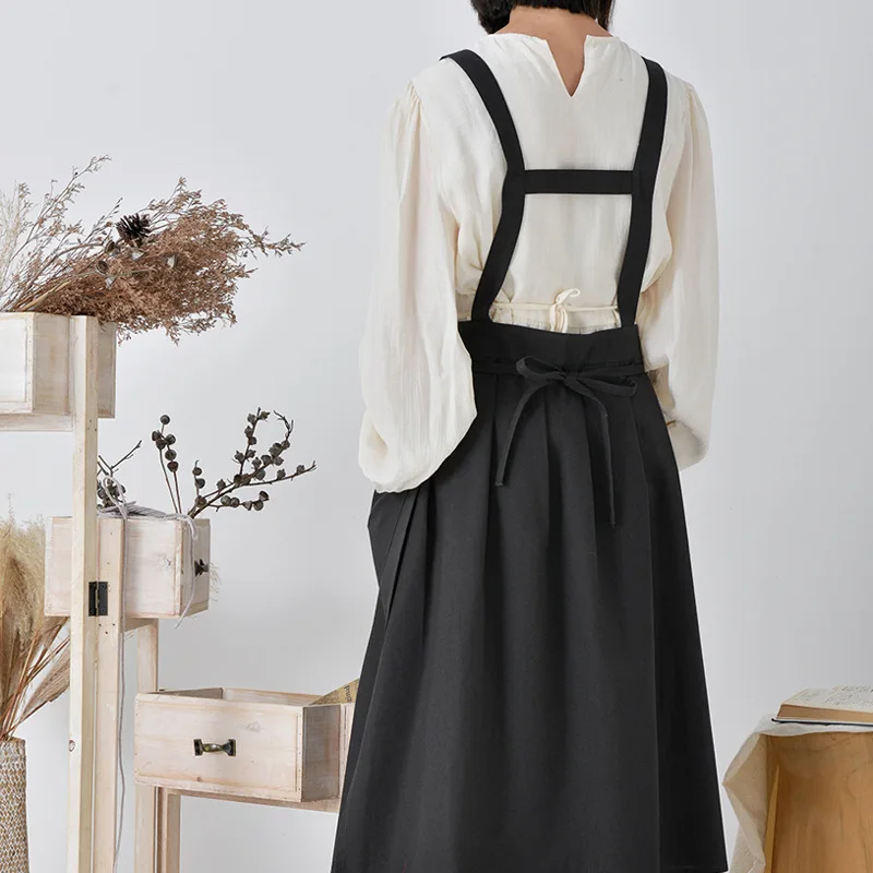 Korean Simple Side Lace-up Apron Pocket Sweet Cotton Linen Cross Back Apron Japanese Coffee Shop Baking Restaurant Kitchen Apron