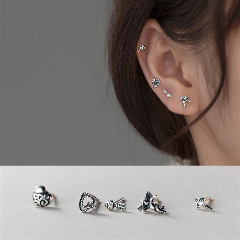 

Goth Vintage 925 Sterling Silver Heart Angel Cross Stud Earrings For Women Punk Aesthetic Piercing Ear Stud Party Jewelry Gifts