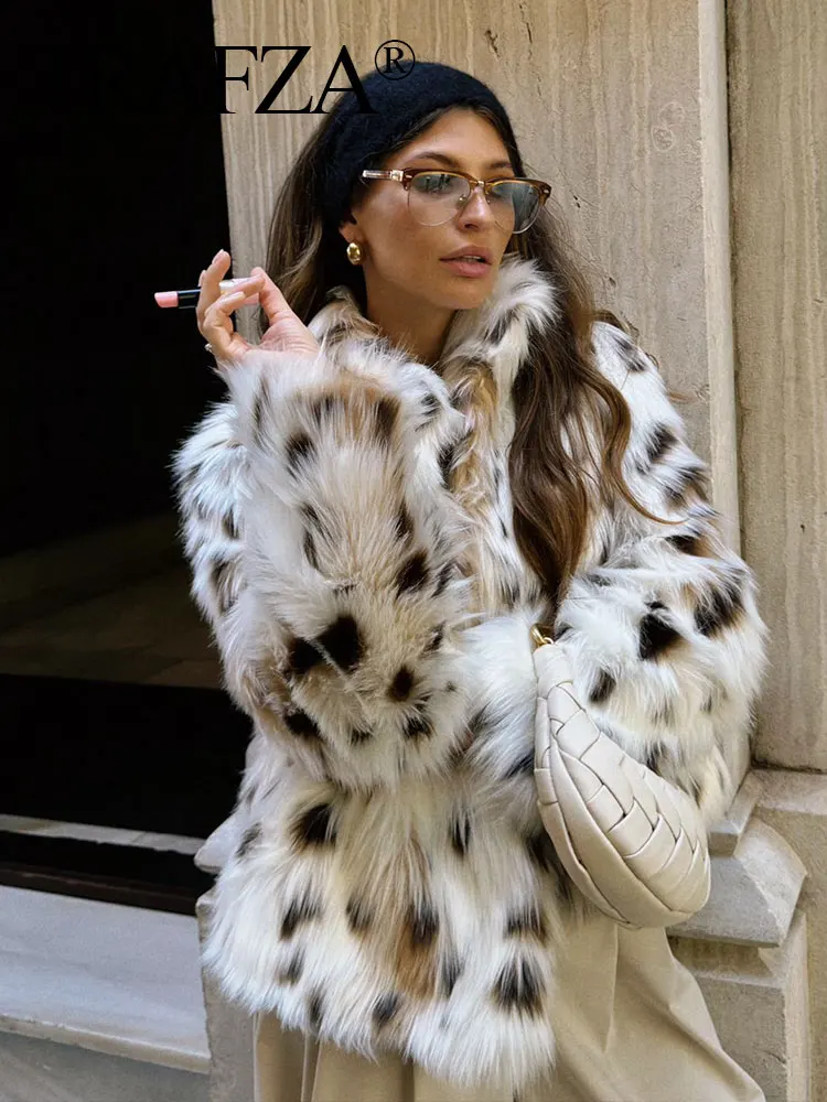 TRAFZA Autumn Winter Women Fashion Print Faux Fur Coat Casual Loose Long Sleeve Plush Thick Warm Jacket Female Y2K Streetwear 4