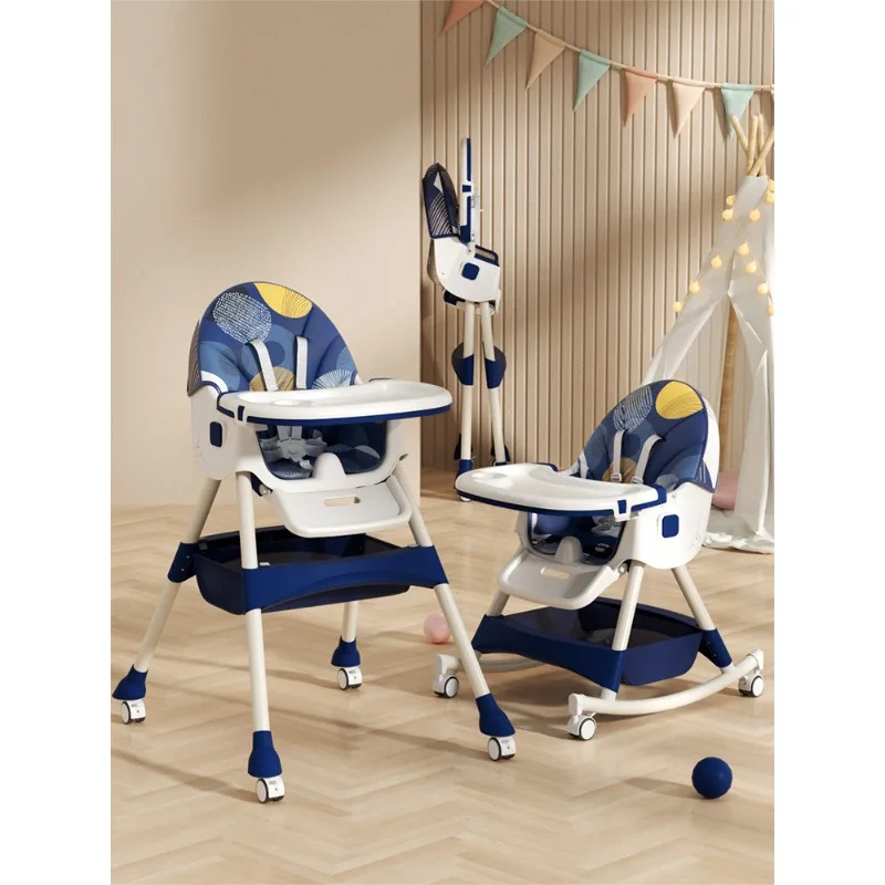 3-in-1 Convertible Baby High Chair Foldable Infant Chair Rocking with Harness Lockable Wheels Removable Seat & Trays