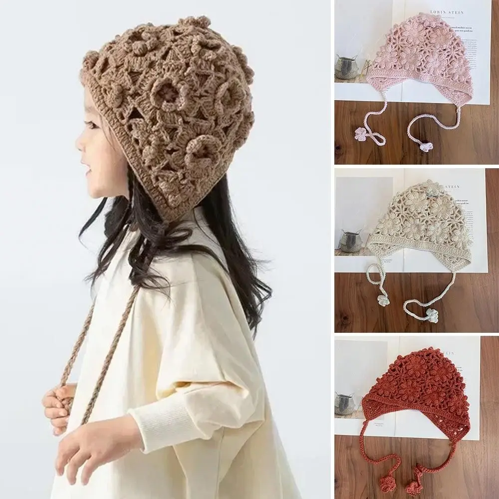 Breathable Handmade Knitted Hat Hollow Flower Crochet Skullies Hat Casual Versatile Princess Cap for Unisex Girls
