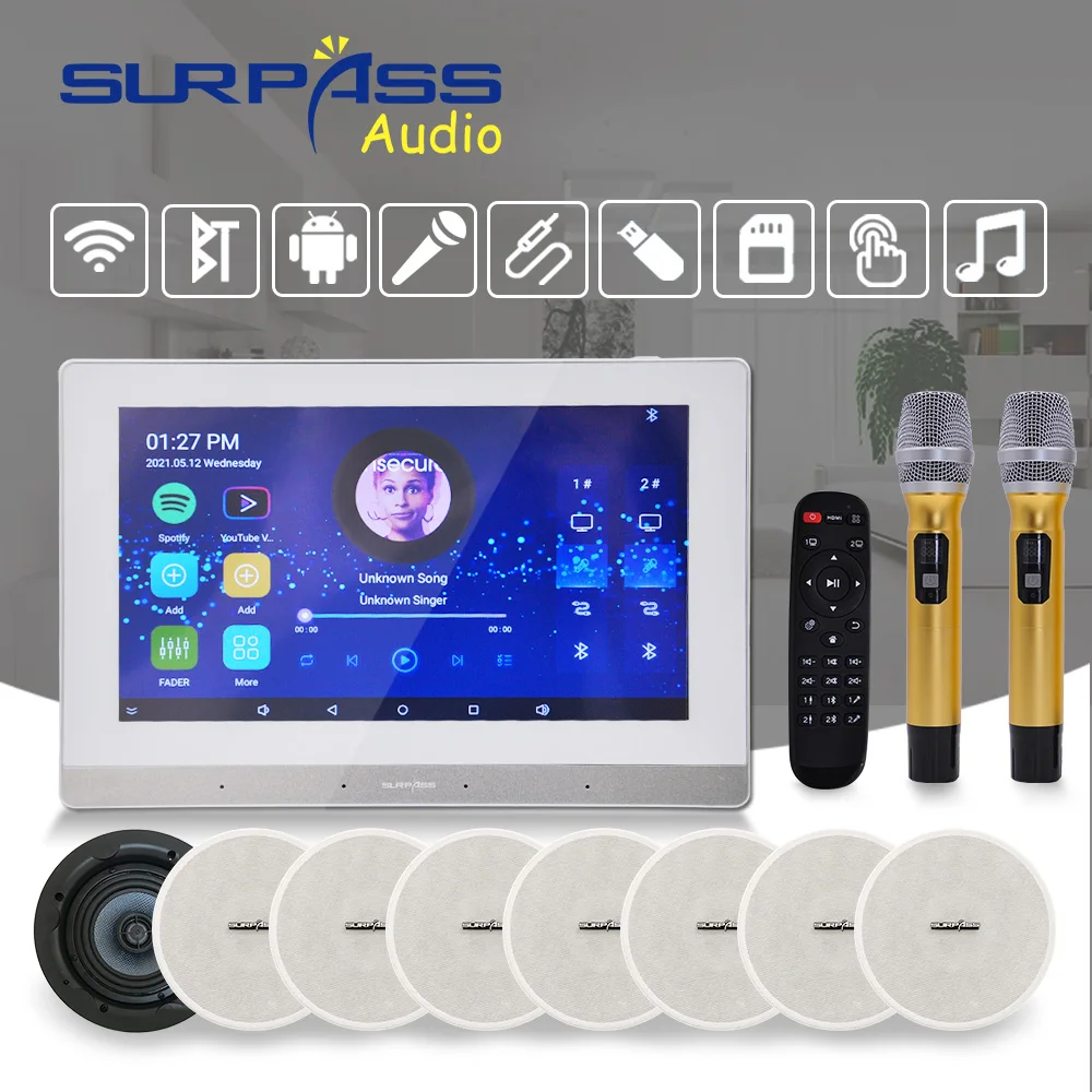 Smart Home Theater 7 Pollici Android 5.1 Wifi Bt Amplificatore Da Parete Con Microfoni Altoparlanti Stereo Da Soffitto Hifi Set Per Soggiorno
