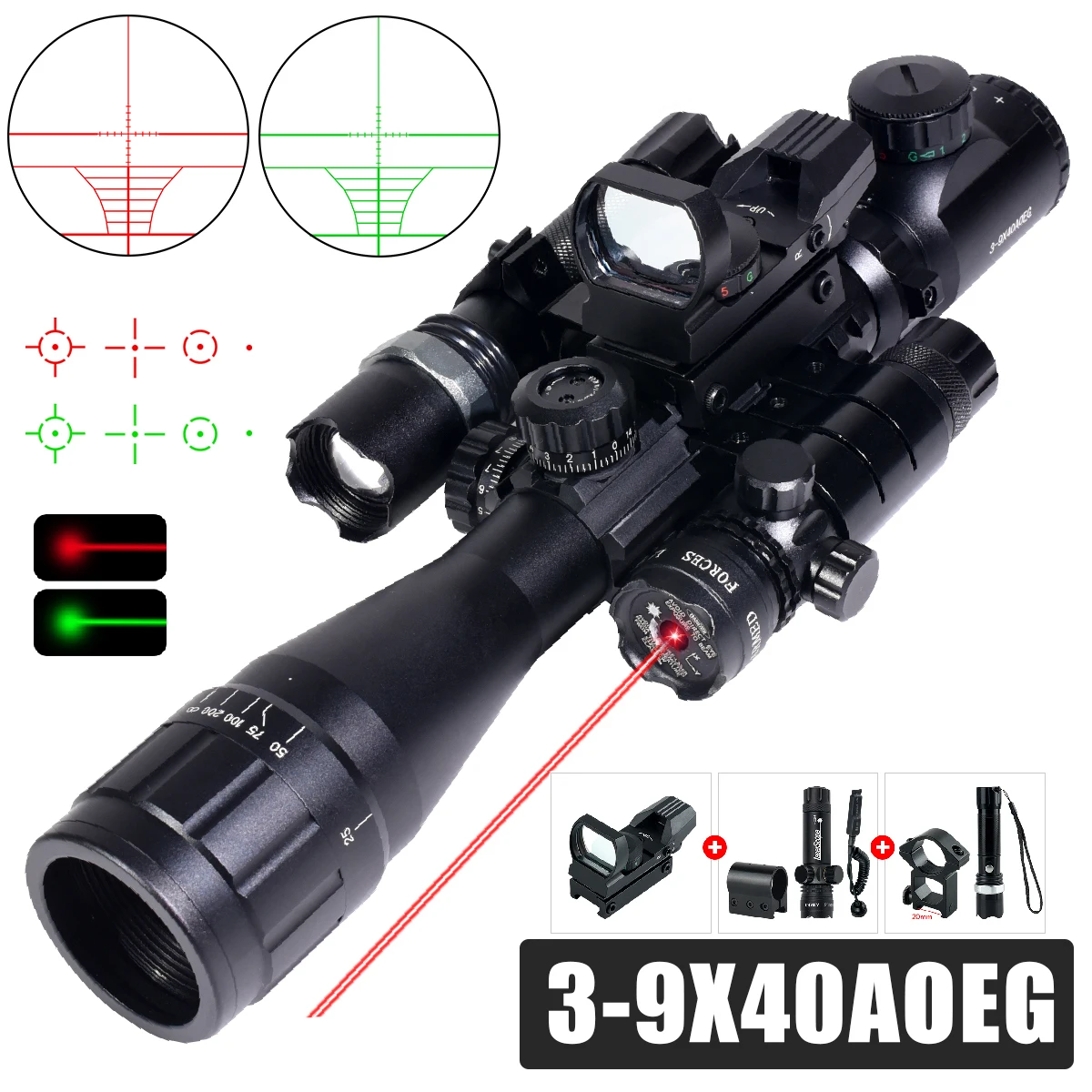 Tactical Scopes 3-9X40AOEG Red Dot Flashlight Laser Combo Optical Sight Outdoor Hunting Adjustable Riflescope 11mm/20mm Mount