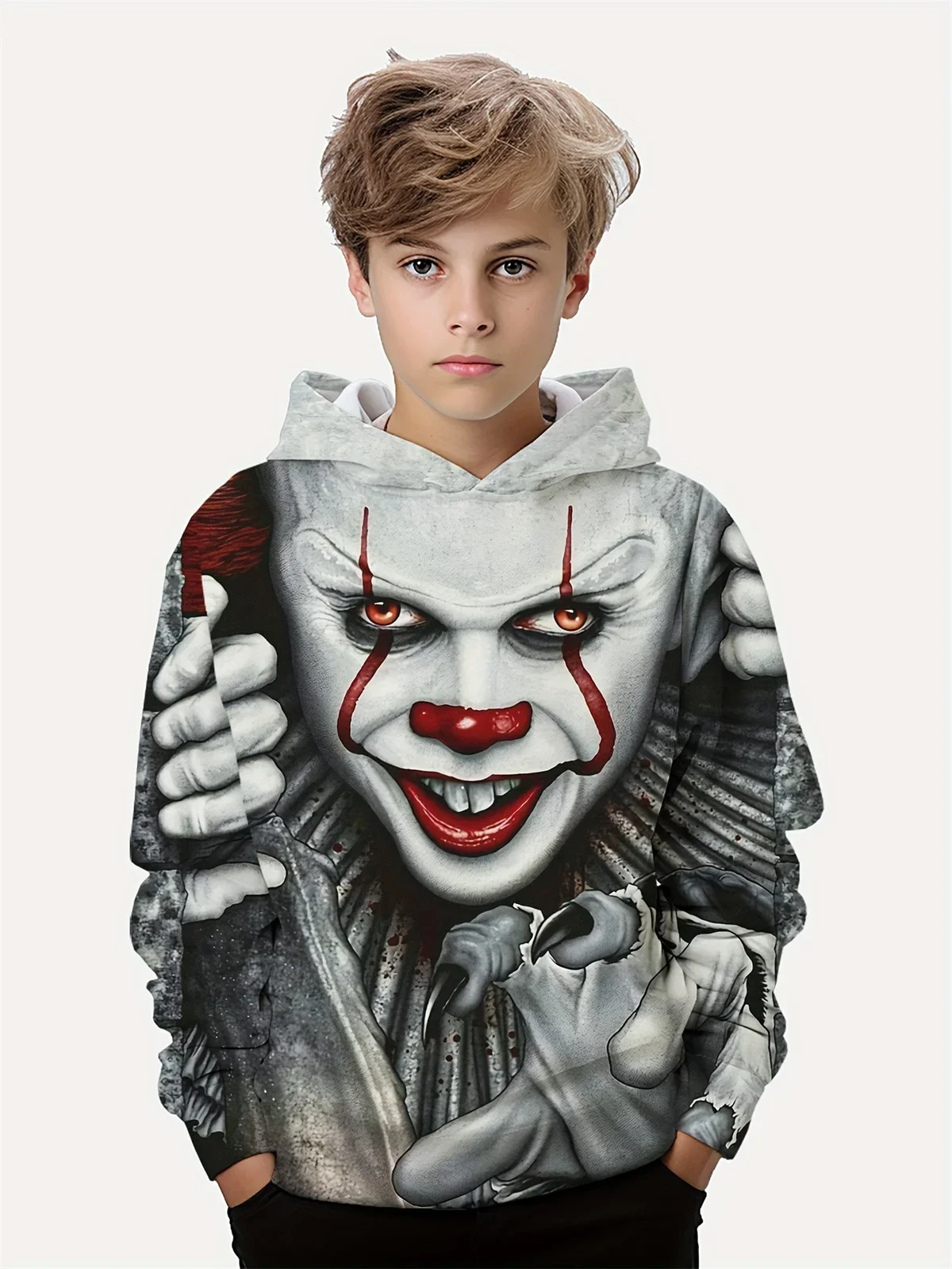 thumbnail image 1 of Ropa para niños, sudadera con capucha con estampado digital 3D de payaso aterrador de Halloween para niños, camisetas informales de poliéster de manga larga para primavera y otoño, ropa para niños, 1 of 5