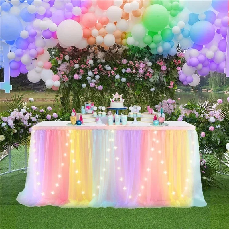 Tulle Table Skirt with LED Lights 6FT Table Cloth for Baby Shower Wedding Birthday Party Bar Home Halloween Decorations