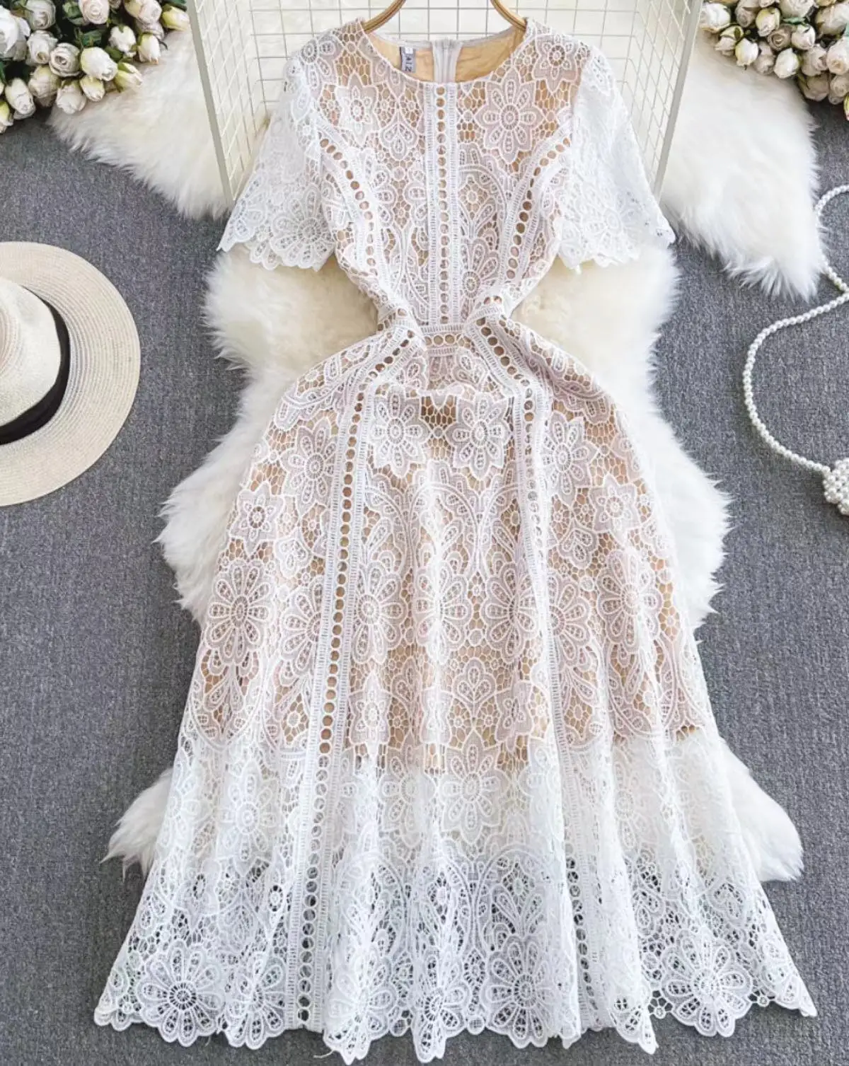 

Luxury Style Summer Elegant Hollow Out Water Soluble Lace Dress Women's Short Sleeve Lace Crochet Evening Party Long Vestidos