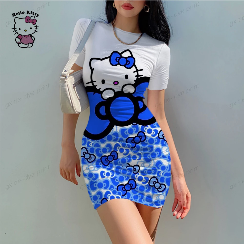

Женское облегающее платье Hello Kitty, элегантное офисное платье с круглым вырезом, летнее повседневное мини-платье с мультяшным 3D-принтом Hello Kitty