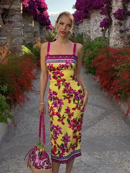 Floral Print Dresses For Women Fashion Sexy Streetwear Prairie Chic Straps Sleeveless Slash Neck Slim Fit Midi Vestidos Robes 1