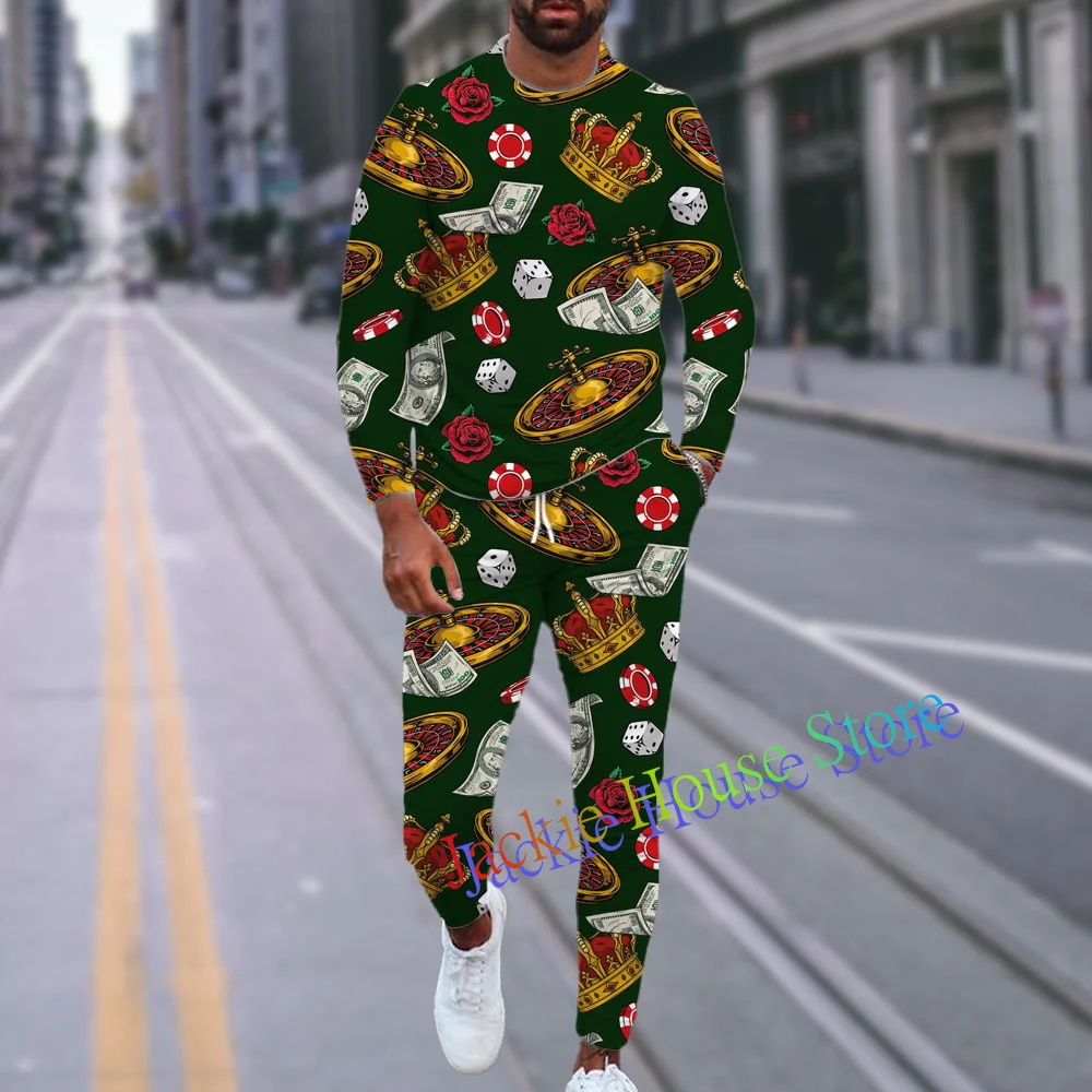 Autumn Men's Tracksuit Set 3D Printed Poker Sportswear Casual Long Sleeves Tshirts+Long Sleeve T-shirt Suit Men Clothing Outfits