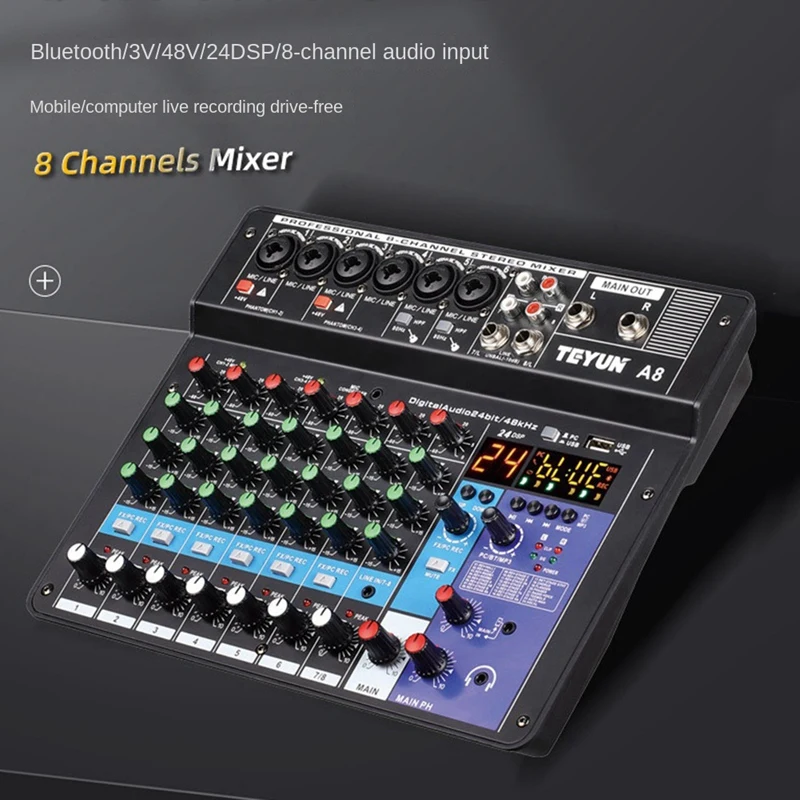 FULL-TEYUN A8 Portable Mixer Sound Card 8-Channel Mixing Console Computer Recording DJ Audio Equipment EU Plug