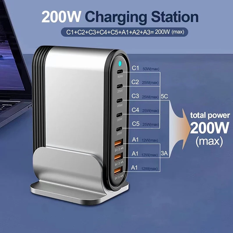 

Зарядное устройство PD50W с 8 USB-портами и выходом Type-C, 200 Вт