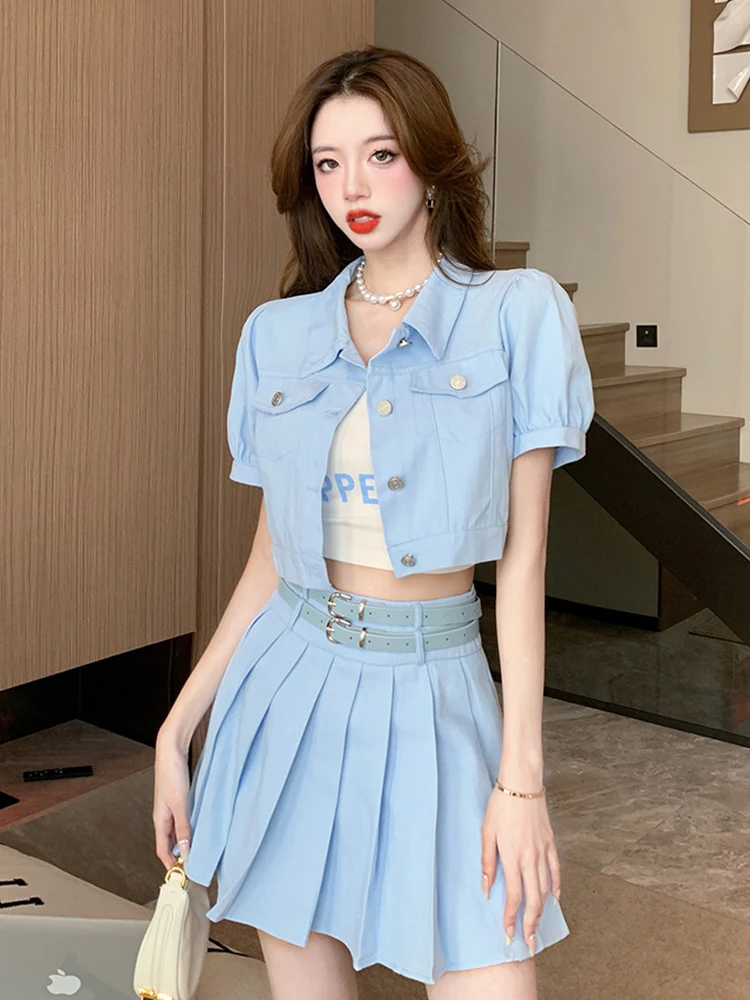 

Y2K Fashion Sweet 3 Piece Outfits Women Casual Cute Strap Short Cropped Tops Blouse Belt Pleated Mini Skirt Sets Mujer Street