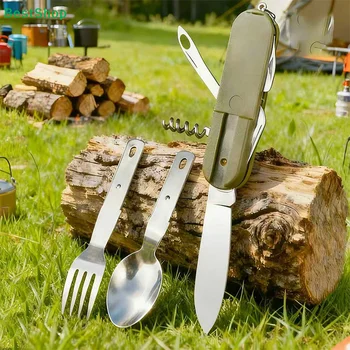 〔R〕Set multiutensile da campeggio con posate in acciaio inossidabile, coltello tascabile 7 in 1 e utensili con forchetta e cucchiaio per escursioni e picnic all'aperto