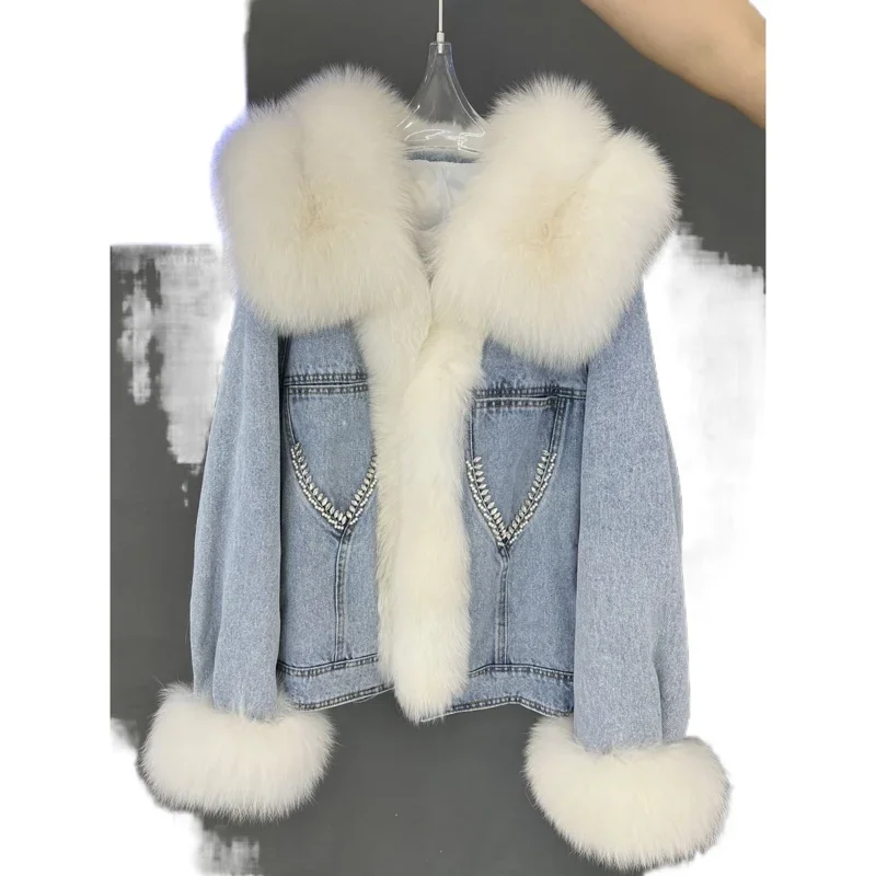 Real Big Fox Fur Collar Cowboy Coat Navy Light Luxury 2023 New Thick Warm Fluffy Fur Casual Knitted Goose Down Jacket for Women