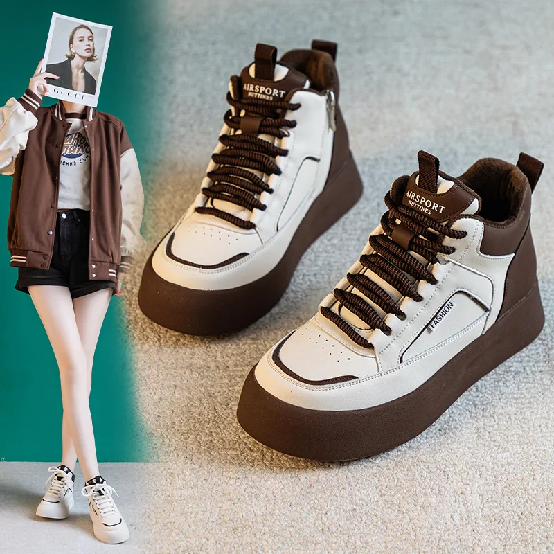women's shoes genuine leather high top dad's shoes 2023 autumn and winter plush flat bottoms casual sports shoes