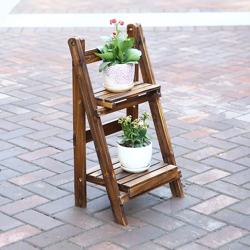 Outdoor Multi-Layer Ladder Flower Stand Balcony Solid Wood Storage Rack Folding Anti-Corrosion Wooden Succulent Hand Floor