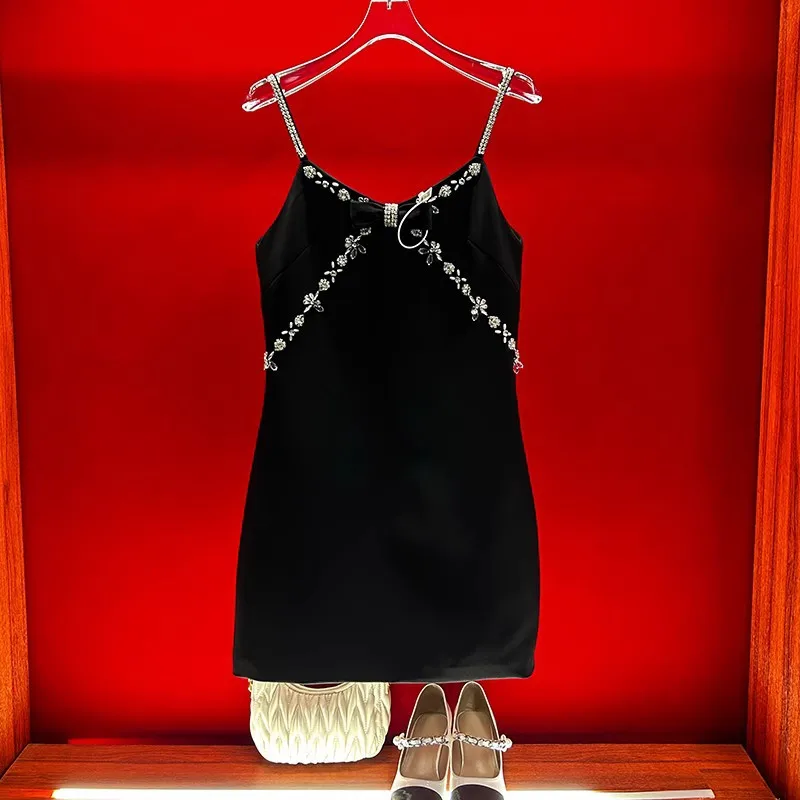 

Ymiu Black Sling Dress Studded with Diamond Bowknot Sexy Dress Hepburn Style Small Black Dress Summer New