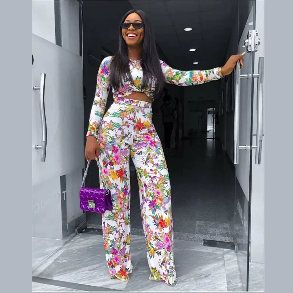 Fashion Floral Printed Women's Set Long Sleeve Draped T-shirt and Wide Leg Pants 2023 Two 2 Piece Set Outfit Tracksuit