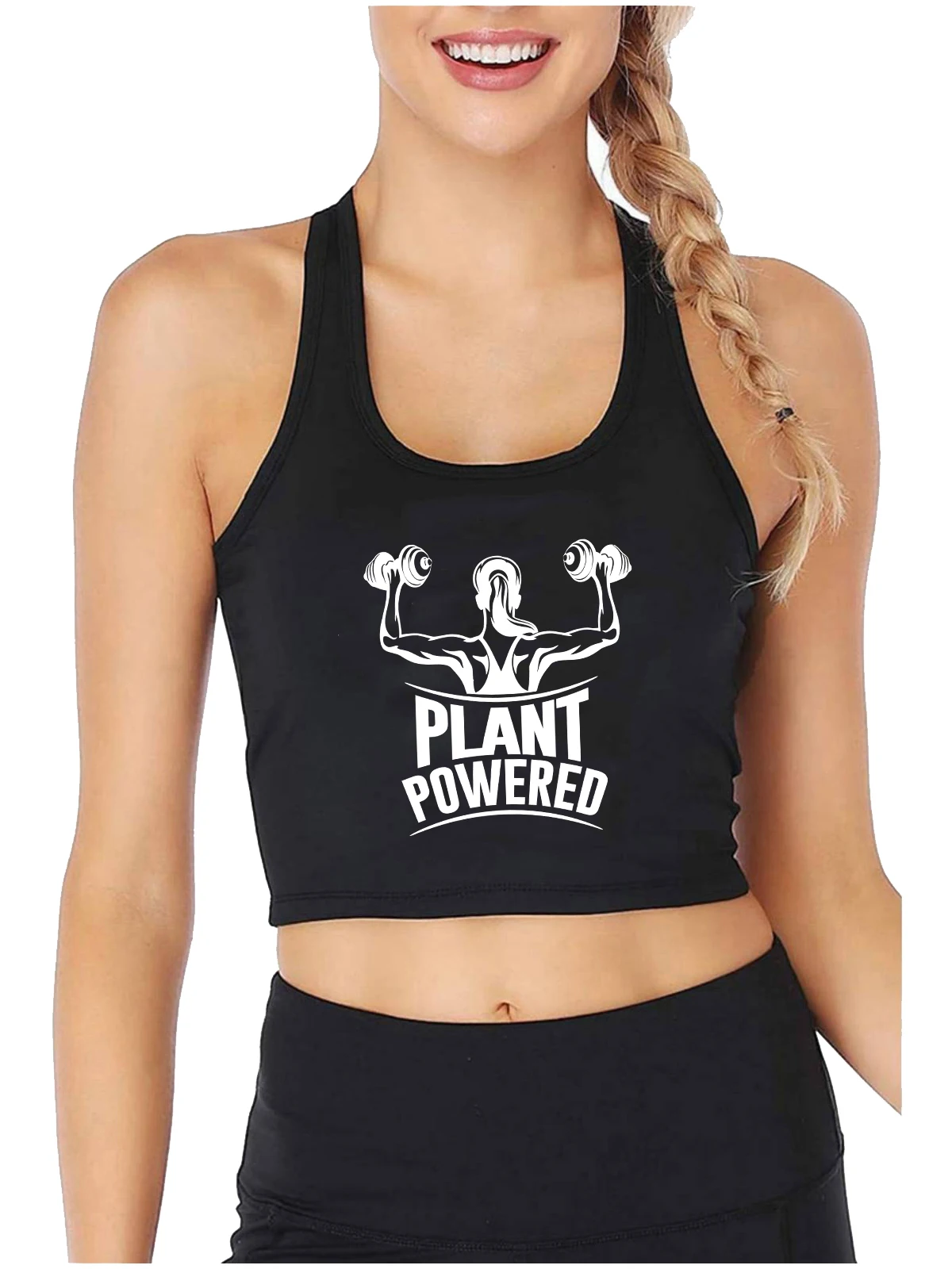 

Plant Powered Design Funny Sexy Slim Crop Top Vegan Fitness Sports Workout Tank Tops Well-toned Girl's Quality Cotton Camisole