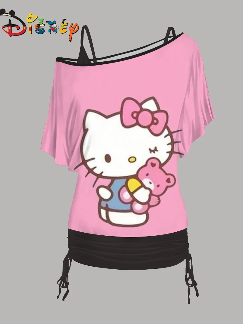 

Tops Mini Skirt Fashion Summer Dresses 2024 Disney Hello Kitty Two Piece Set Sexy Elegant Women's Sets Dress T-shirt Pieces Set