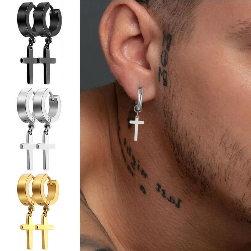 2 Pairs Stainless Steel Cross Drop Dangle Stud Earrings - Punk Hip Hop Style Unisex 8 thumbnail image