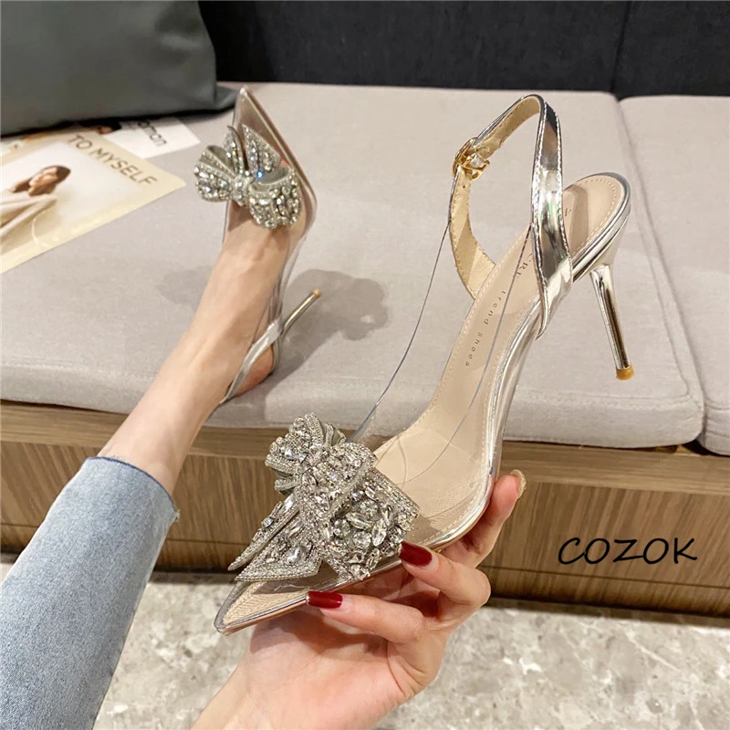 Sandalias plateadas de lujo para mujer, zapatos a la moda con nudo de  mariposa, sandalias de cristal| | - AliExpress
