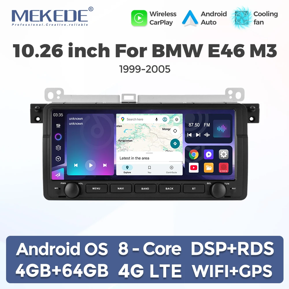 MEKEDE Radio de coche inalámbrica con CarPlay y Android Auto de 10.26 pulgadas para BMW E46 M3 318 320 325 330 335 1999-2005, reproductor multimedia de coche, sistemas inteligentes de coche, navegación GPS, unidad principal Android de 4/8 núcleos, pantalla IPS de 1600*600, compatible con WIFI, SWC, BT, FM, RDS. 1
