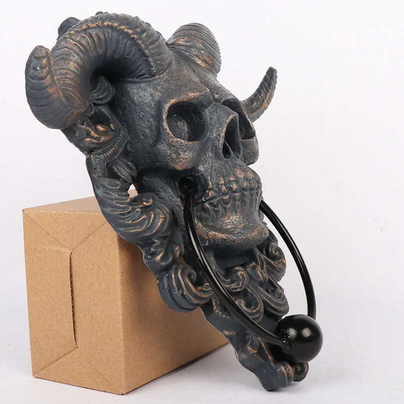 Description Picture 2 of itemSkeleton Head Door Knocker Decor Resin Goat-headed Figure Hanger Resin Punk Satan Skull Sheep Head Statue Wall Pendant Crafts