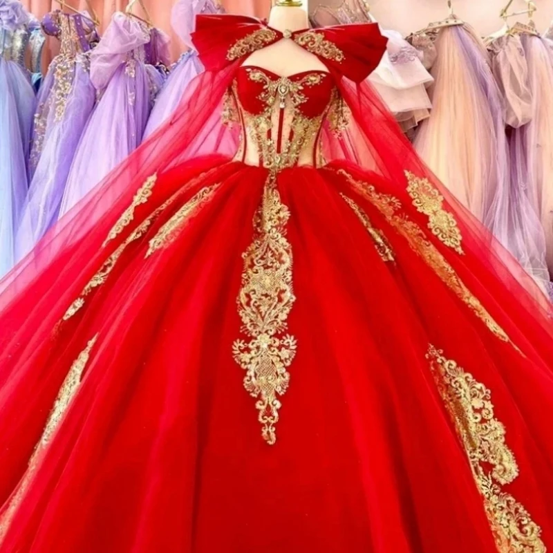 A1052 Elegant Red Princess 15 Quinceanera Dress With Cape Crystal Gold  Applique Ball Gown Prom Birthday Party Gown 16 Customized - AliExpress