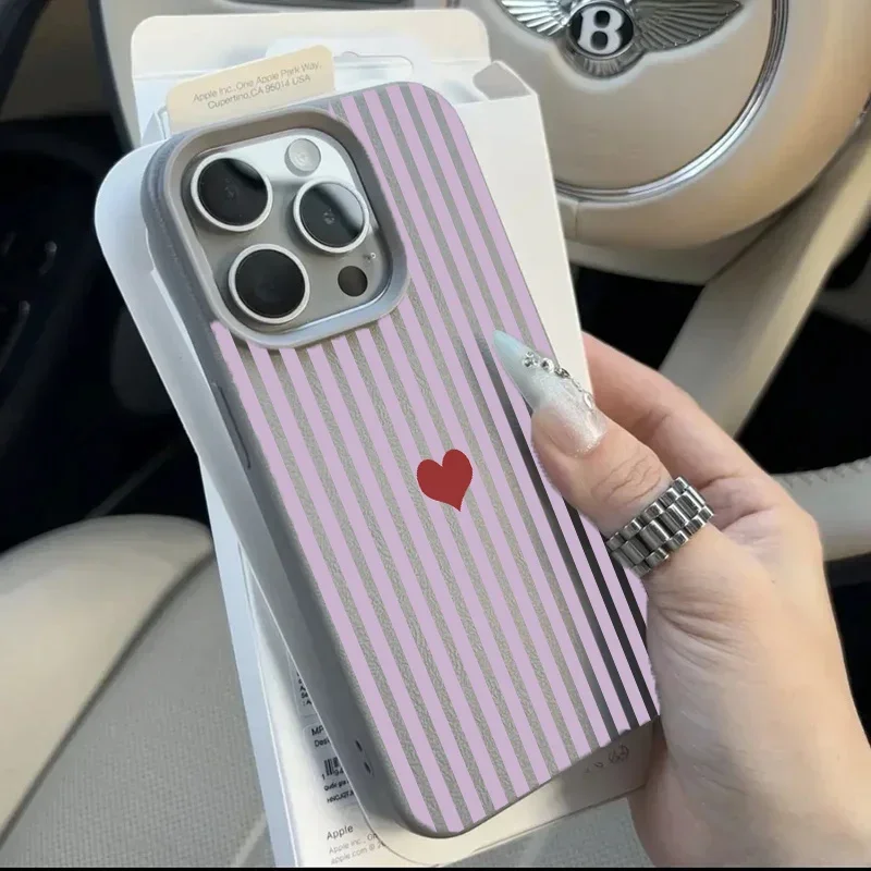 Minimalist Colorful Striped Red Heart Leather Phone Case