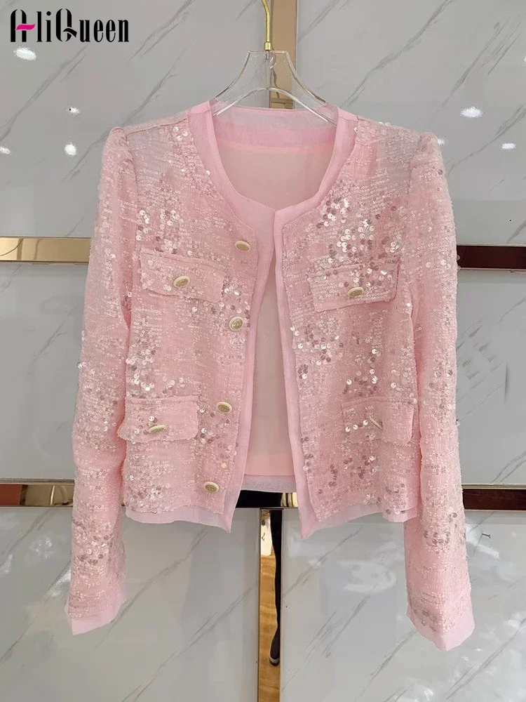 

Korean Summer Spring Women Pink Long Sleeve Sequined Short Jacket Ladies Causal Single Breasted Coat Blignbling Cardigan Tops