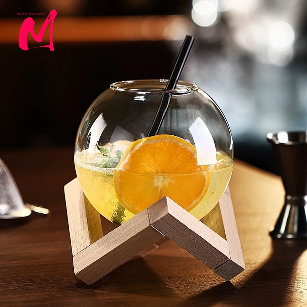 Cocktail Glass Cup With Wood Stand Creative Bar Drinkware Tumbler